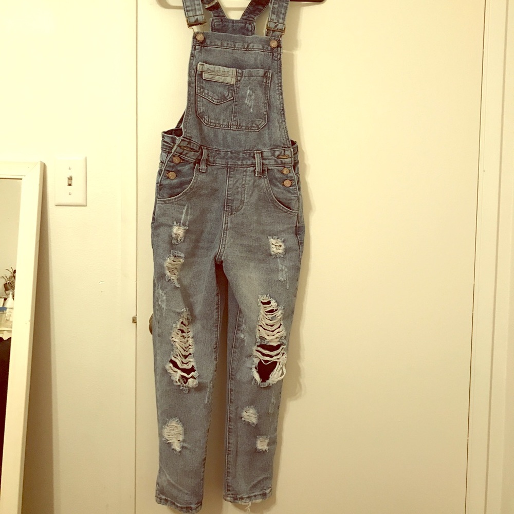 Light wash distress overalls